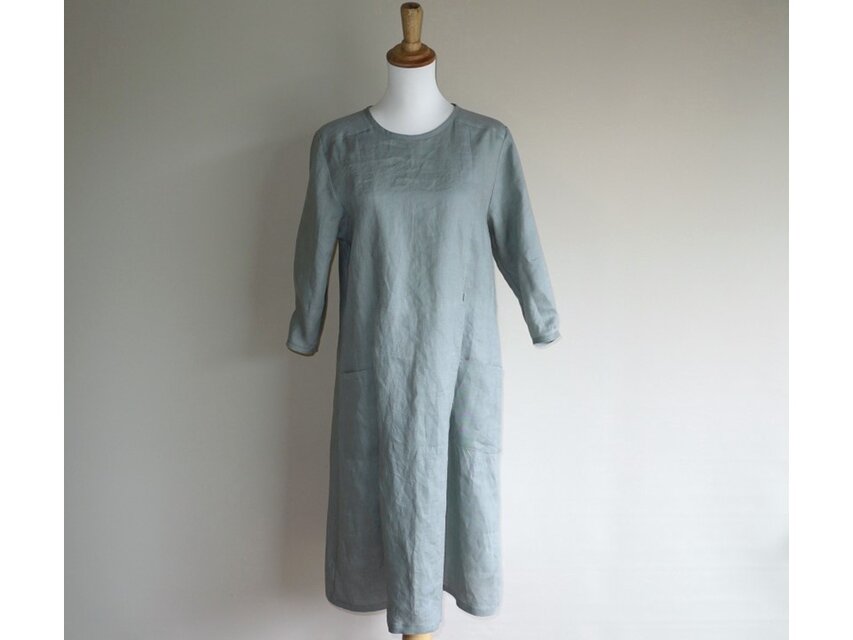 ☆クラシカルワンピ　七分袖◇オールドグラス　リネン100％◇S・M・L・LL　～リネンのワンピース～