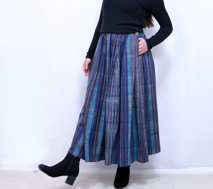 新作☆手織り綿絣ロングスカート、ブルーミックス、オールシーズン
