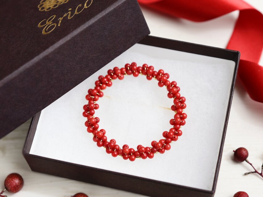 【ブローチ・Lサイズ】南天・赤珊瑚 リース