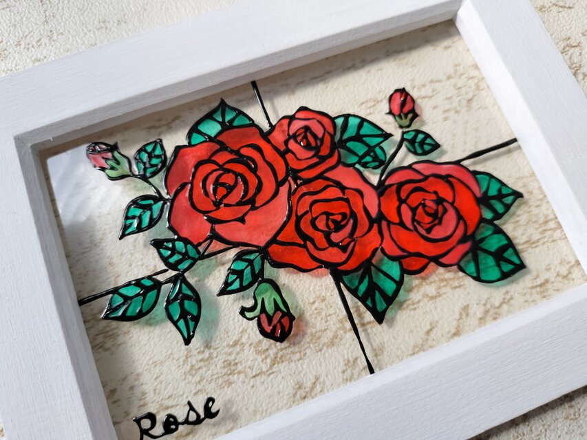 送料無料*ステンドグラス風フレーム*おふんわり薔薇・縦横飾れる
