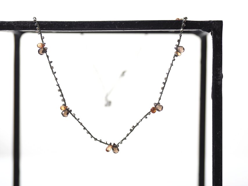 オレンジサファイア スモーキークォーツ 編み込みネックレス