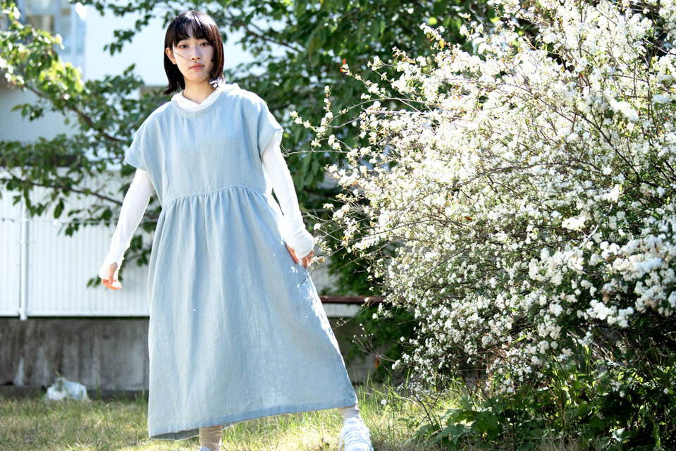 Linen＆Organiccottonガーゼ ゆったり半袖ロングワンピース