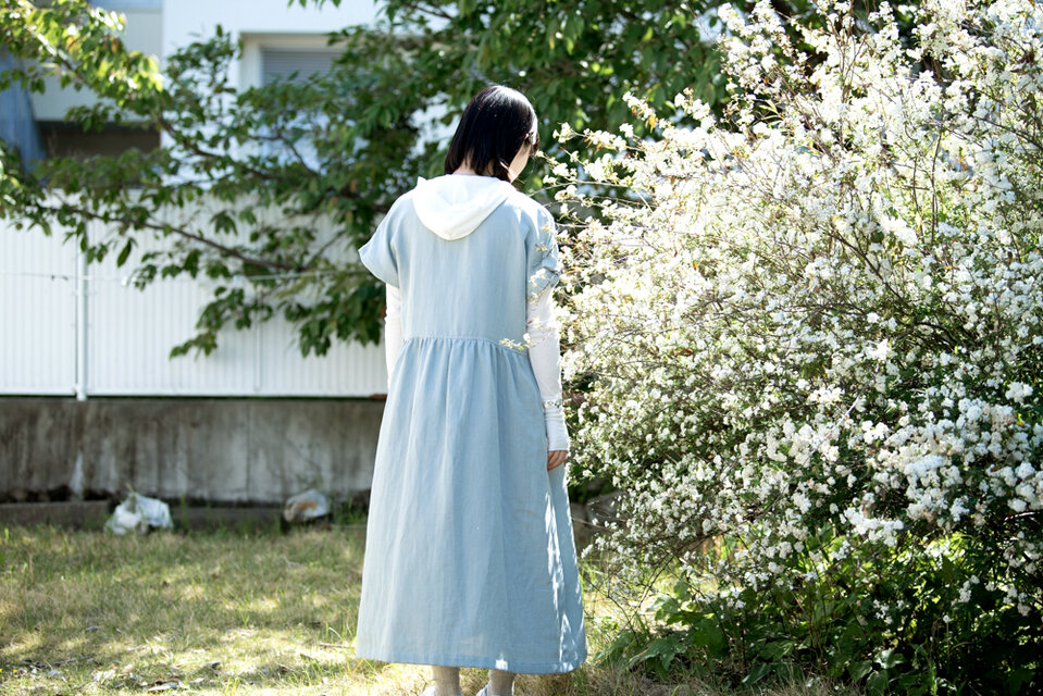 Linen＆Organiccottonガーゼ ゆったり半袖ロングワンピース