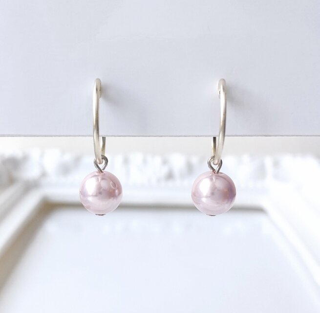 〈痛くない〉〈挟めるだけ〉シルバーリング×ベビーピンクカラーパールイヤリング・フェイクピアス・ノンホールピアス(両耳用)