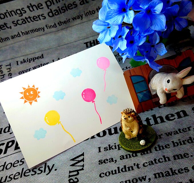 消しゴムはんこ「太陽・風船・雲・カモメ」4個