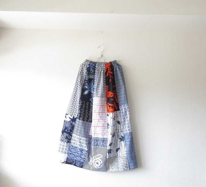 ☆浴衣ロングスカート☆パッチワーク＆ステッチ＆ビーズ♪