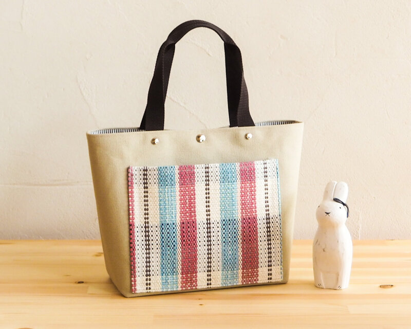 カントリーチェック手織り布のミニトート（ベージュ）