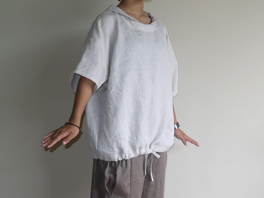 ☆マリンシャツブラウス◇ナチュラル　リネン100％◆M・L・LL