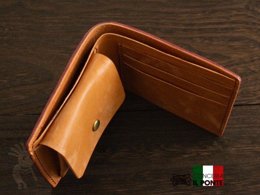イタリアンレザー マヤ 手縫い二つ折り財布 ボルドーxコニャック