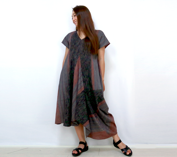 さらっと手織り綿の変わりロングワンピース、絣ストライプ、フリーサイズ