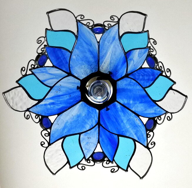 青い天使の花のランプ6面体 ステンドグラス 照明 ランプ ペンダント 