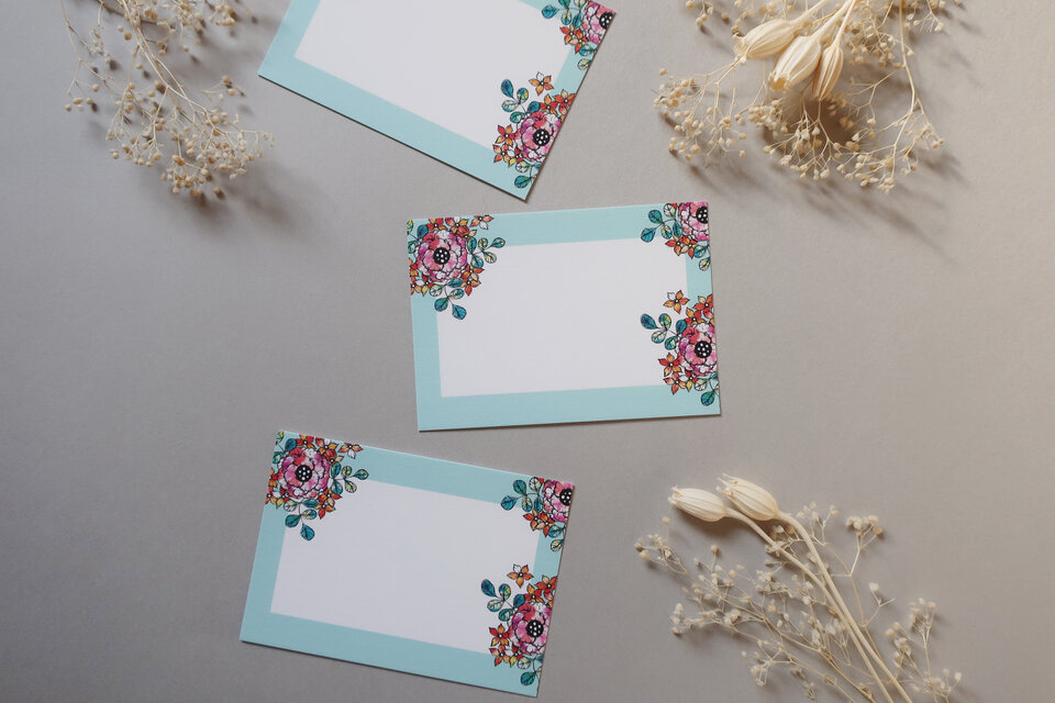 ミニメッセージカード　8枚セット（封筒付き）【Light blue×Flowers】