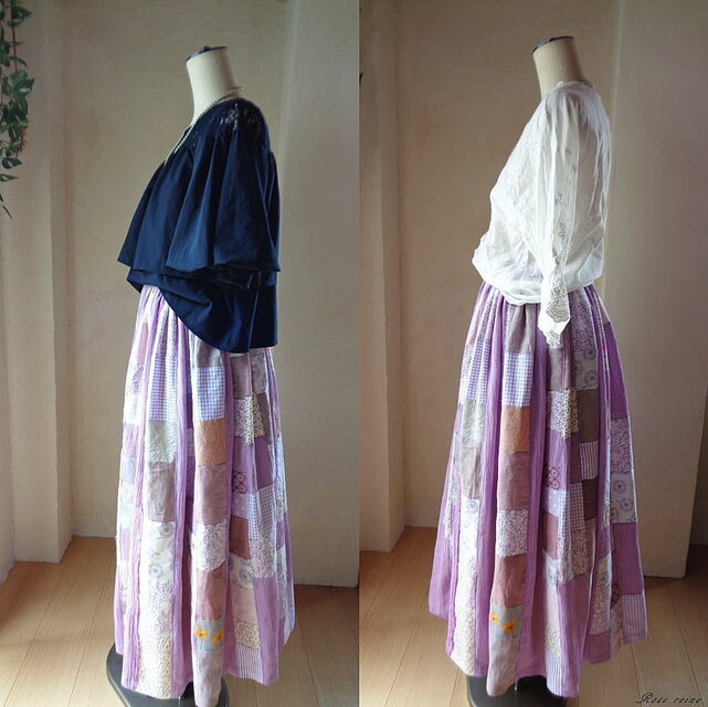 ☆GWセール ラス1♥紫陽花の夢♥絵画なパッチワーク ギャザースカート ...