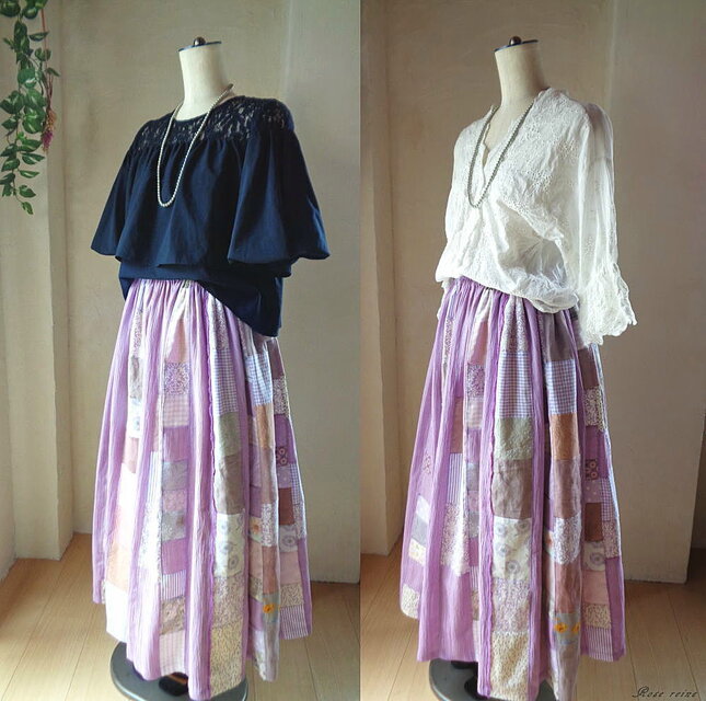 ☆GWセール ラス1♥紫陽花の夢♥絵画なパッチワーク ギャザースカート ...