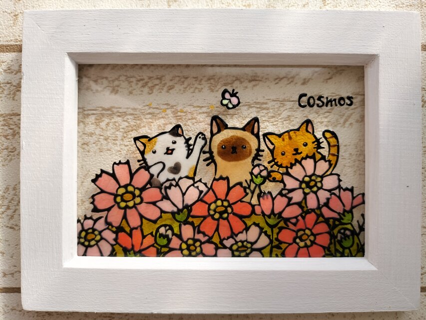 送料無料*ステンドグラス風*猫とコスモス畑･ハンドメイド♪