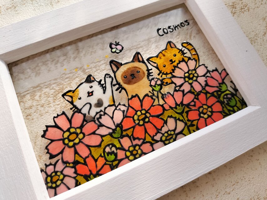 送料無料*ステンドグラス風*猫とコスモス畑・ハンドメイド
