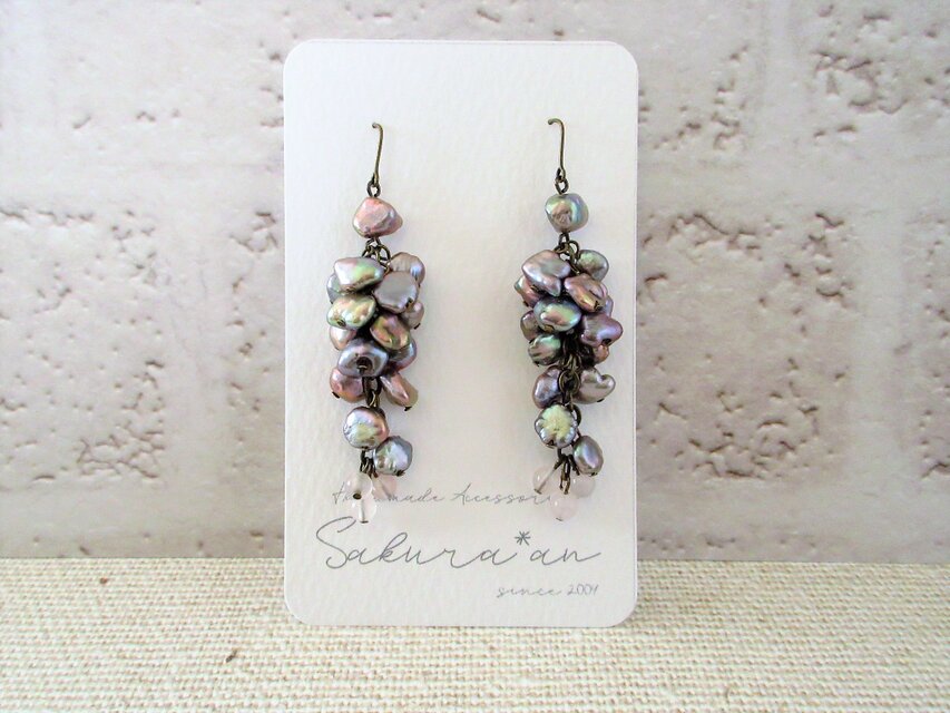 金具変更OK　ケシパールとローズクォーツのイヤーアクセサリー（P1026）