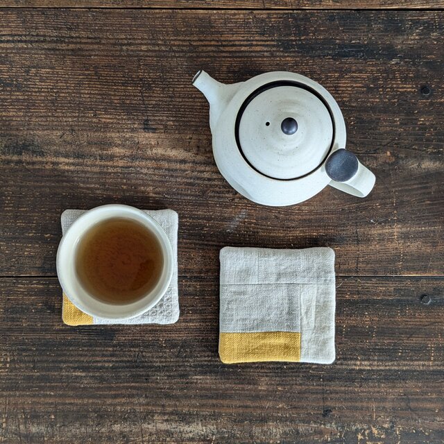 リネンのコースター　2枚set/マスタード　パッチワーク