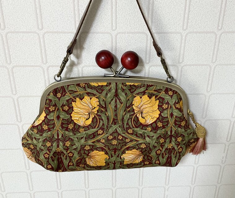 ウイリアムモリス　ピンパネル　大きい木玉親子がま口長財布バッグ　