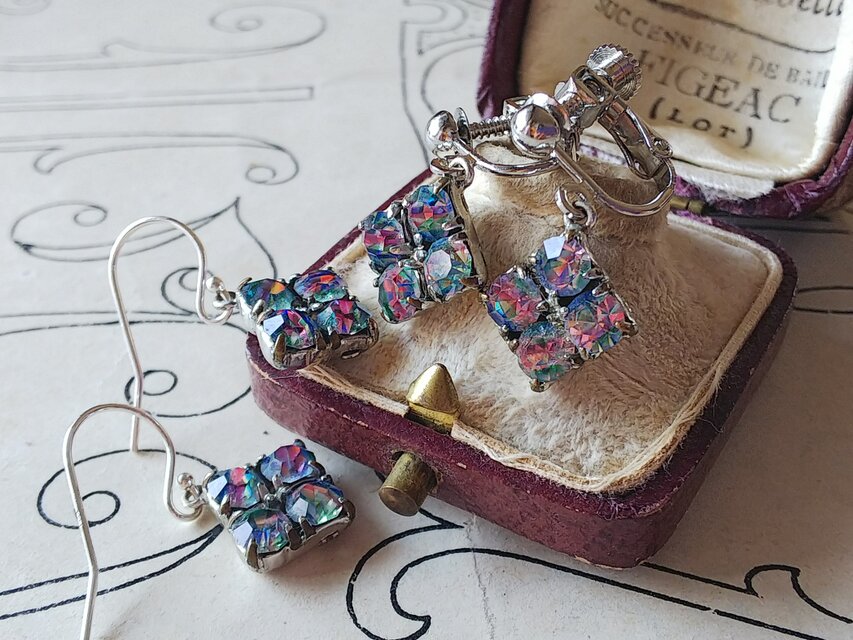 ヴィンテージ　アイリスGlass（10㎜スクエア）Silver925製ピアス 又はイヤリング