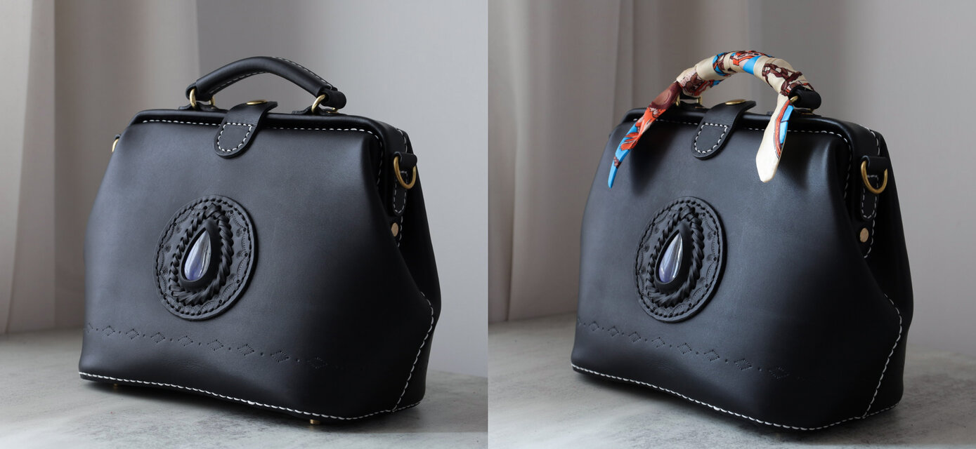 天然石×革の組み合わせ」大容量 がま口 本革手作りのレザーショルダー