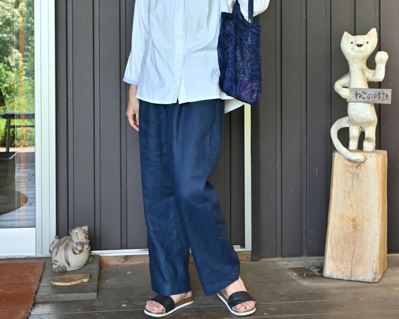 ベーシックストレート リネンパンツ：ネイビー
