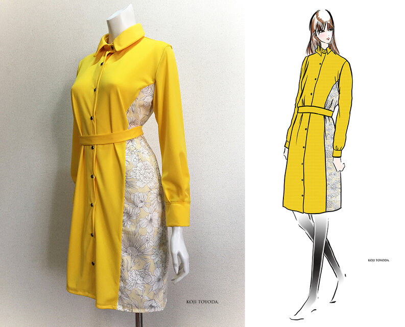 【1点もの・デザイン画付き】ボタニカルフラワー柄切り替えイエローシャツ型ワンピース（KOJI TOYODA）