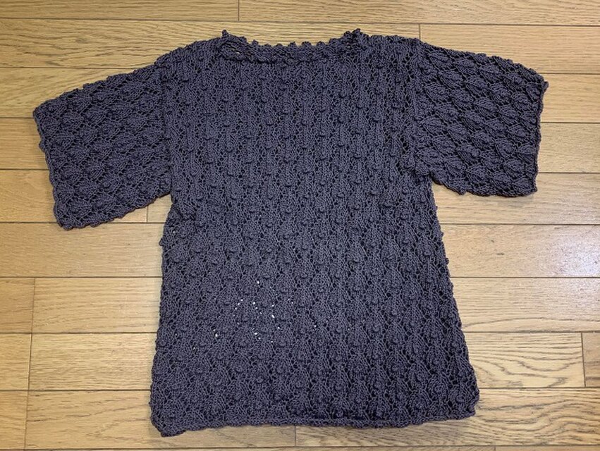 ハープサルレース編みの半袖ニット（コーヒーブラウン）