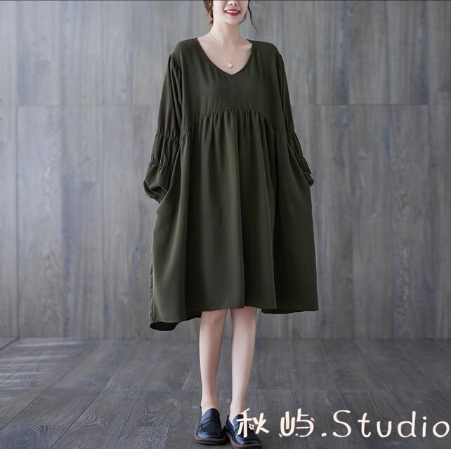 New秋色~ 純色Vネックワンピース ゆったり シンプル 長袖 ロング丈スカート 春秋★