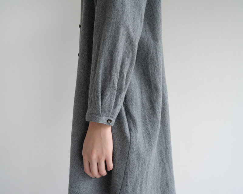 尾州産縮絨ウール/ ロングシャツワンピース/long shirt one piece/gray