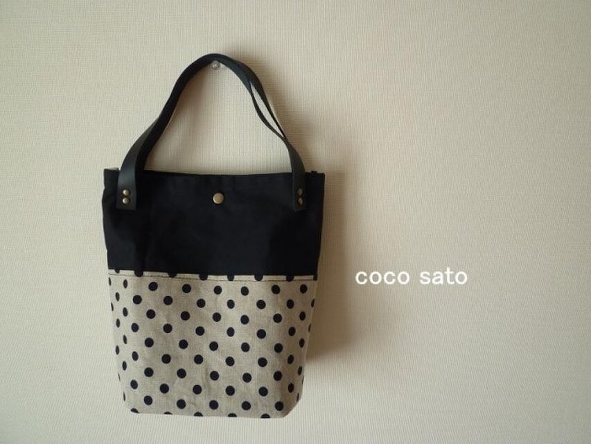 水玉リネンと帆布のバッグ　ブルーブラック