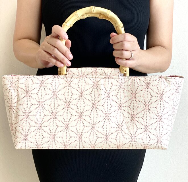 大島紬 縞 黒×からし色 とら バンブーバッグ 和装バッグ 着物