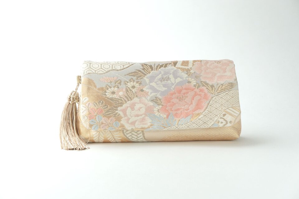 本金箔二重織 花々・秋草・古典柄 ゴールドシルク帯リメイク 2Way