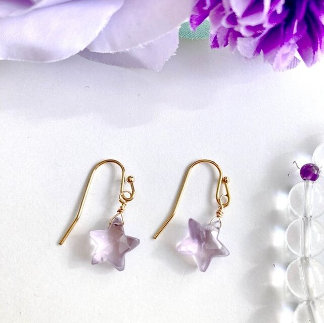 【金属アレルギー対応】星に願いを☆天然アメシスト　18金GP ピアス