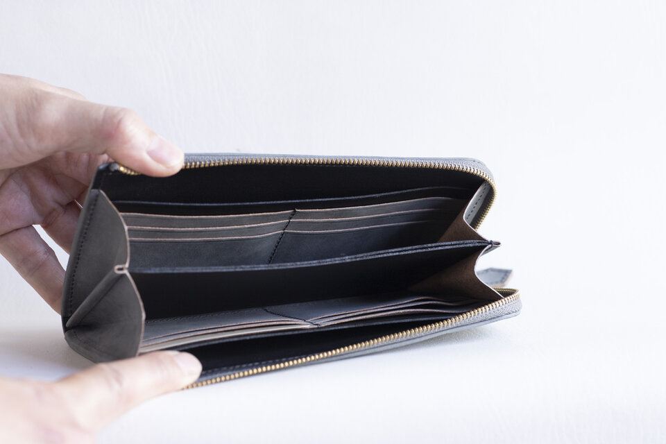本革 長財布 プルアップレザー グレー L字ファスナー 財布 くすみ