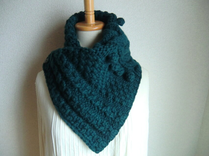 ラムウール　アラン模様のカウル（メランジマリンブルー）