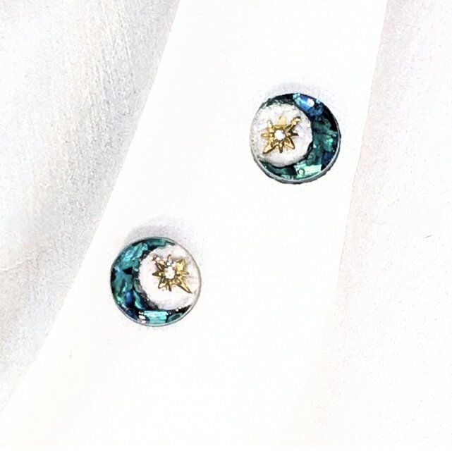 グリーン螺鈿と星のラウンドピアスイヤリング【1876】