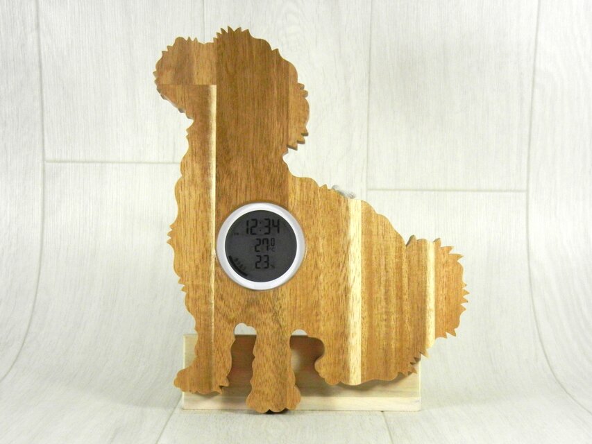 デジタル温・湿度計（時計付）　シーズー No.2【木製（アカシア集成材）】（置き・掛け兼用）