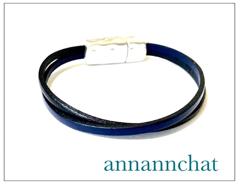 【本革　ヨーロッパ製 ネイビー＆ブラック 2連　ブレスレット】ハンマー仕上げ　マグネット留め