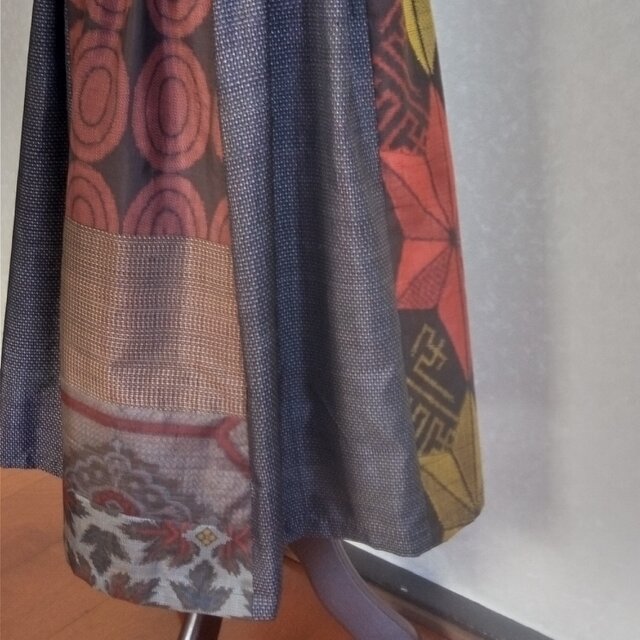 着物リメイク♪ストール付：色々な大島紬のパッチしたモダンなスカート