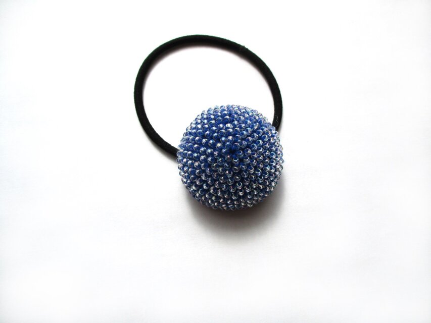 ビーズクロッシェヘアゴム（クリスタル×青）