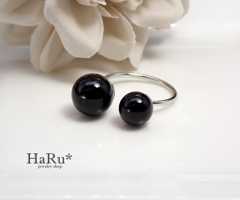 サージカルステンレスフォークリング（オニキス＆オニキス）／フリーサイズ*R10