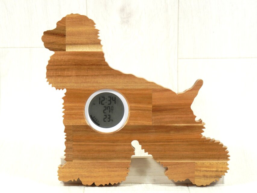 デジタル温・湿度計（時計付）アメリカン・コッカー・スパニエルNo.3【木製（アカシア集成材）】（置き・掛け兼用）