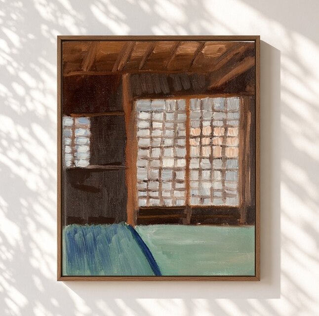 原画・油彩「朝の和室」絵画・F3（22×27㎝）アート・キャンバス