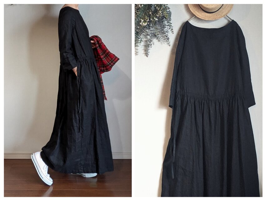 マキシ丈 リネン ギャザーワンピース_ブラック