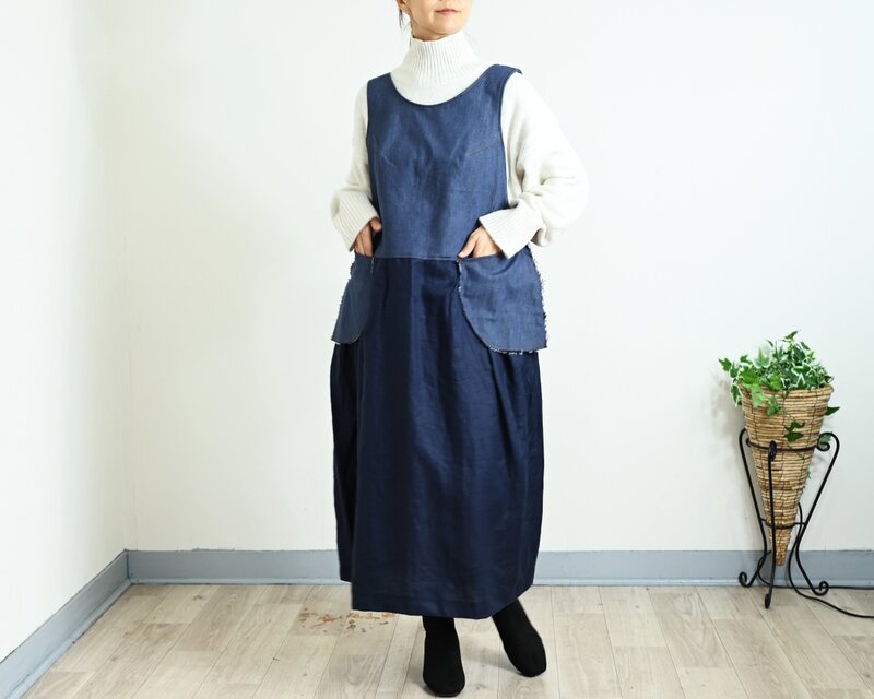 デニム×リネン　2マテリアルジャンパースカート