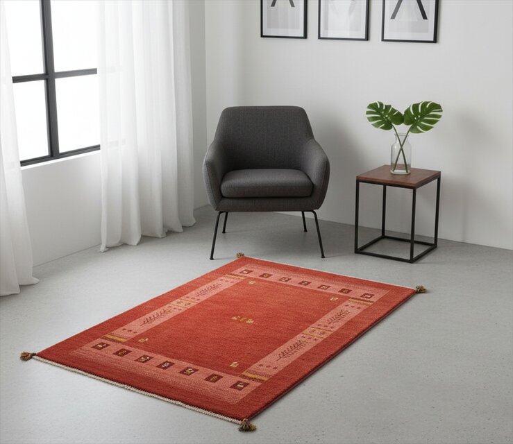 目玉品】ペルシャ　ギャッベ　ハーフラグ　150x105cm 　桃色　茜色　ヤギ　羊　花