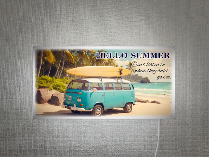 【壁掛け Lサイズ】ハロー サマー 海 夏 サーフワゴン サーフィン ヤシの木 ビーチ 照明 看板 置物 雑貨 ライトBOX