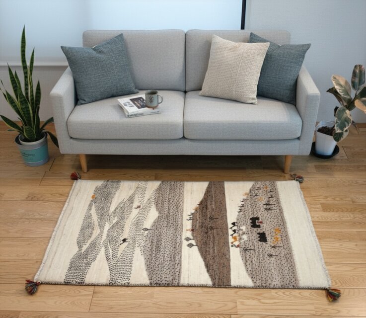 iichi限定超目玉品】ペルシャ ギャッベ　パルヴィーズ　コルクウール　120x70cm アイボリー　グレー　RD1094