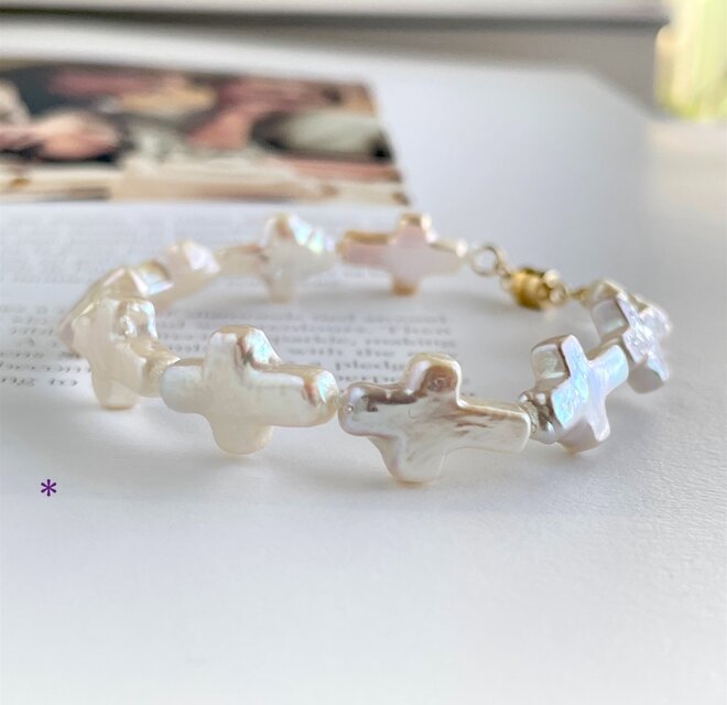 天然 淡水パール クロスパールのブレスレット (k14gf) オーロラカラー